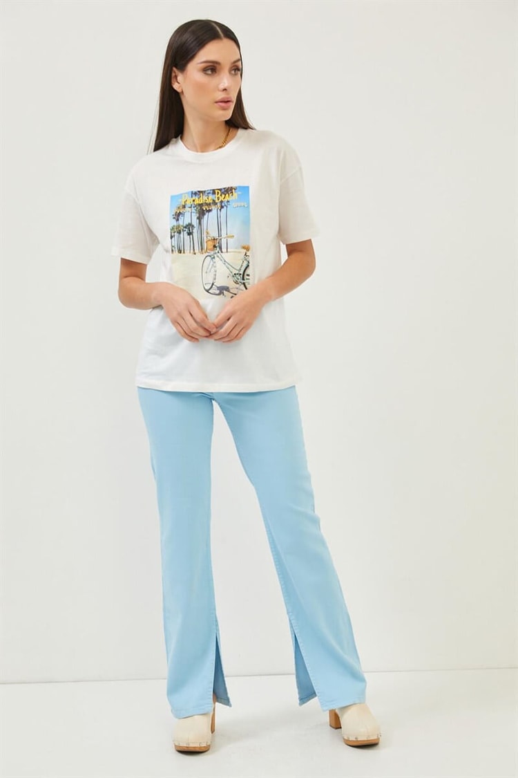 Ekru Dijital Baskı Detaylı Bisiklet Yaka T-ShirtST070S71287001