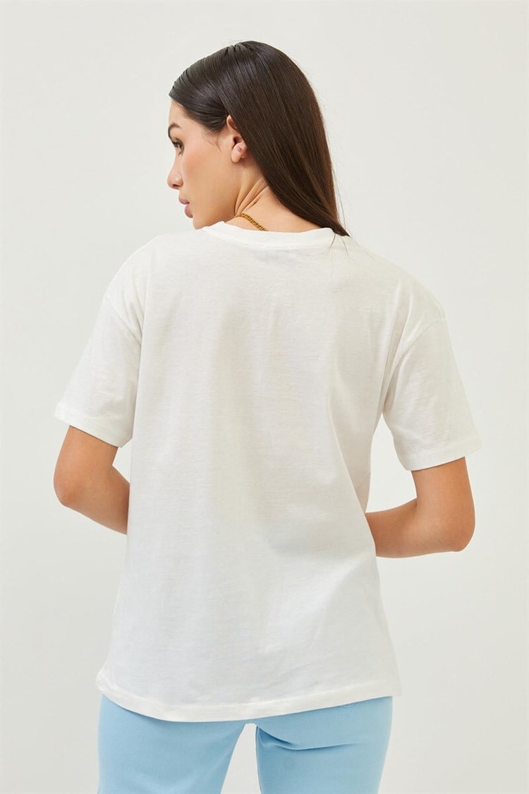 Ekru Dijital Baskı Detaylı Bisiklet Yaka T-ShirtST070S71287001
