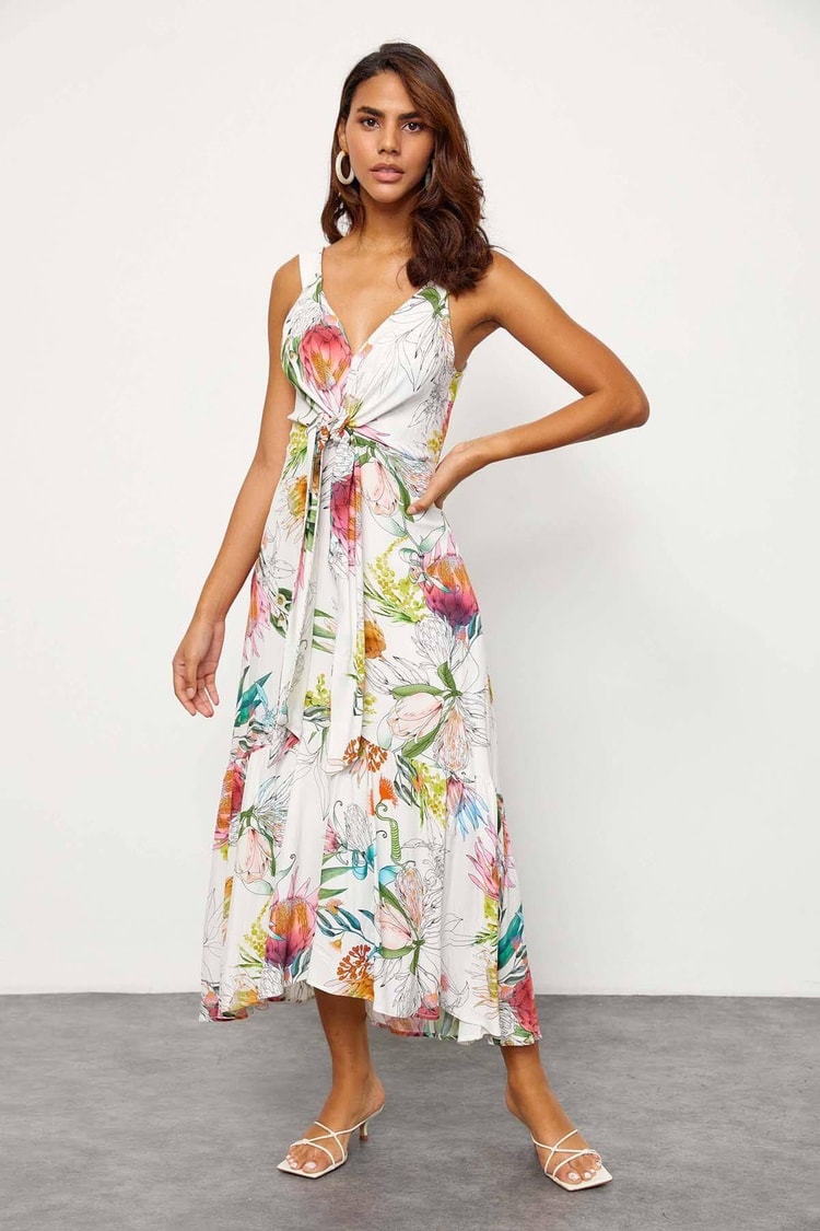 Ekru Floral Desen V Yaka ElbiseST060S40114801
