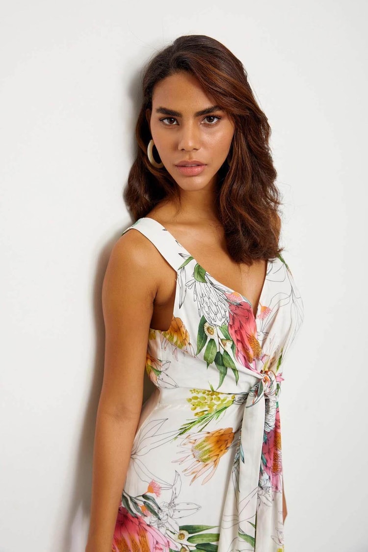 Ekru Floral Desen V Yaka ElbiseST060S40114801