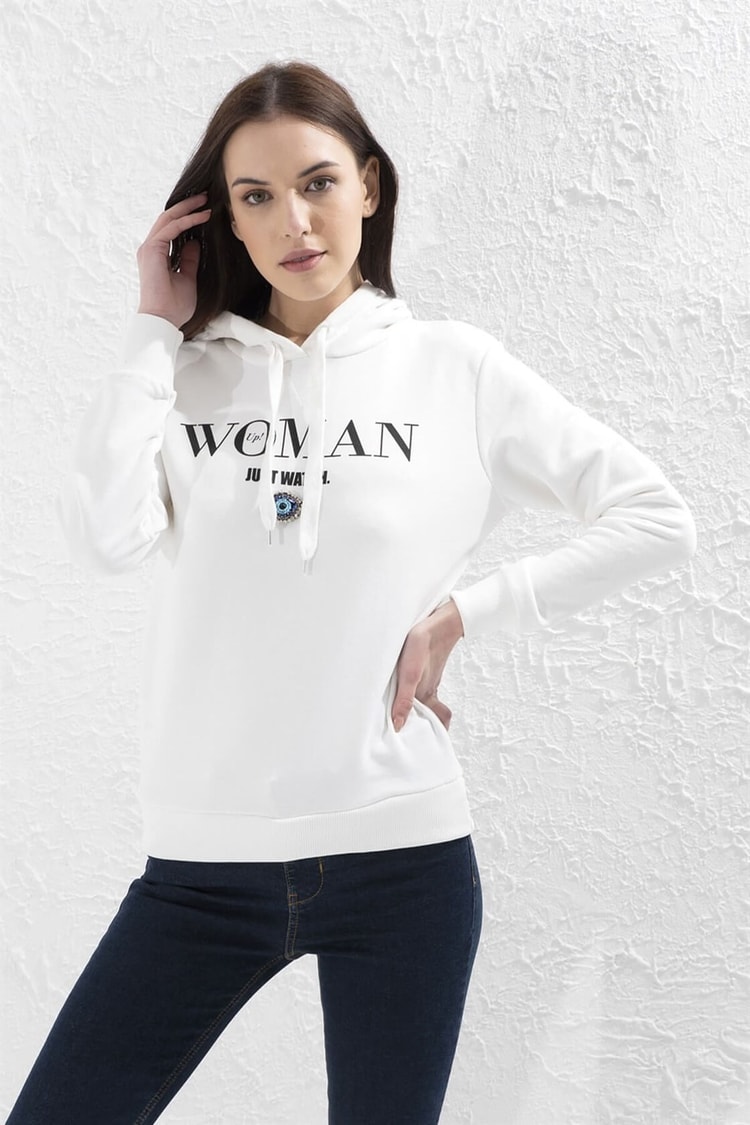 Ekru Kapüşonlu Baskılı Ve Nakışlı Uzun Kol S-ShirtST050S7205302