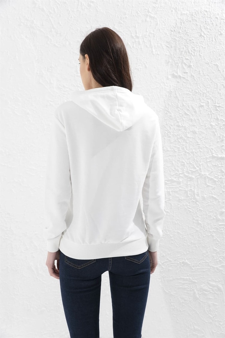 Ekru Kapüşonlu Baskılı Ve Nakışlı Uzun Kol S-ShirtST050S7205302