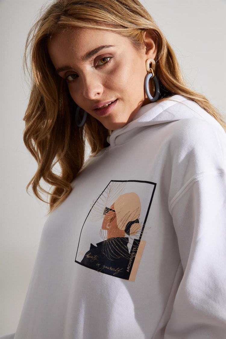 Ekru Kapüşonlu Uzun Kollu SweatshirtST060W7209301