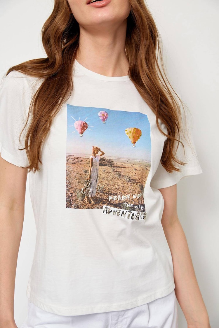 Ekru Kısa Kol Baskılı T-ShirtST060S71228004