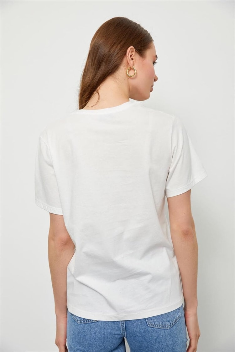 Ekru Kısa Kol Baskılı T-ShirtST060S71227001