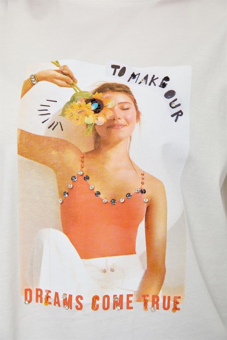 Ekru Kısa Kol Baskılı T-ShirtST060S71227001