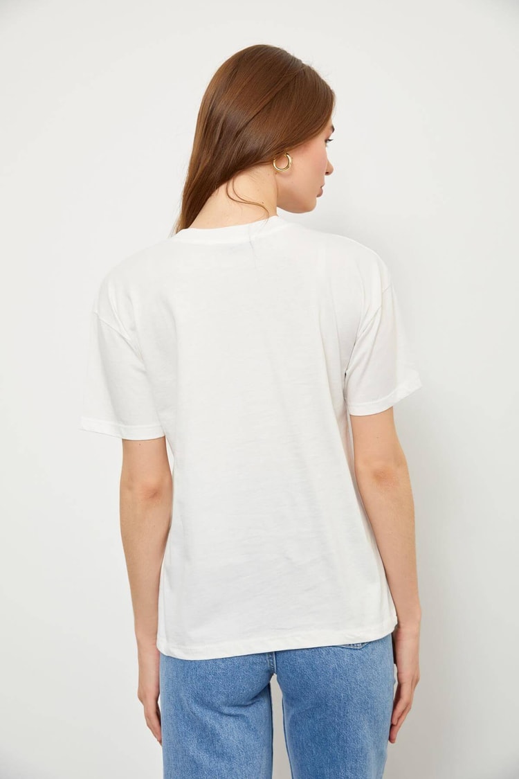 Ekru Kısa Kol Baskılı T-ShirtST060S71223004