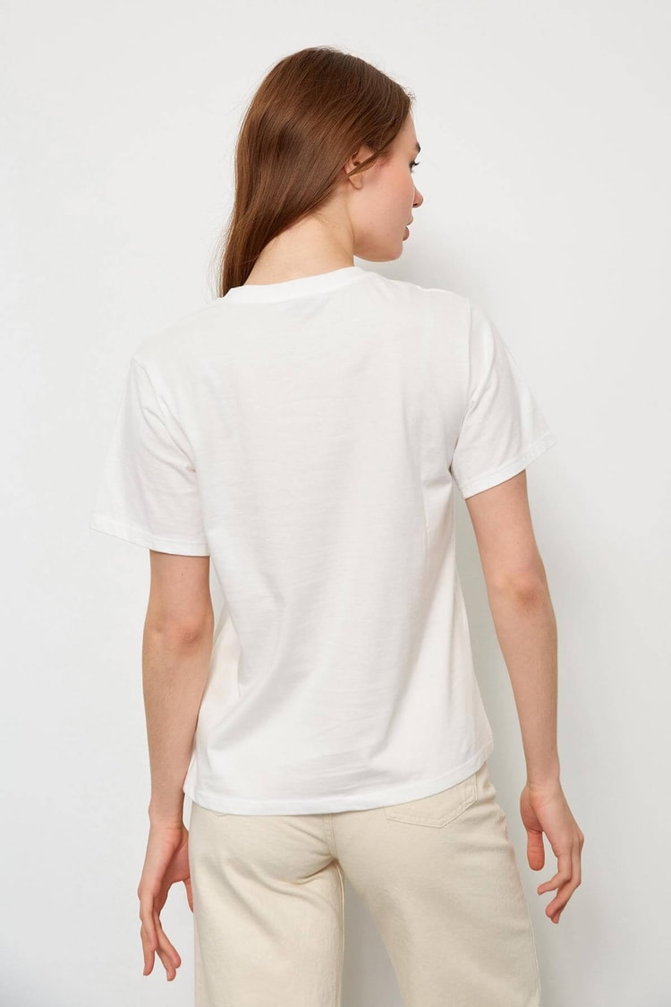 Ekru Kısa Kol Baskılı T-ShirtST060S71223003