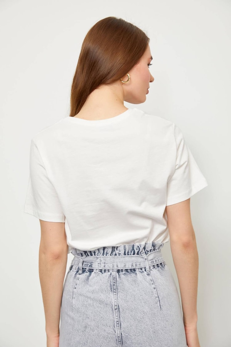 Ekru Kısa Kol Baskılı T-ShirtST060S71223001