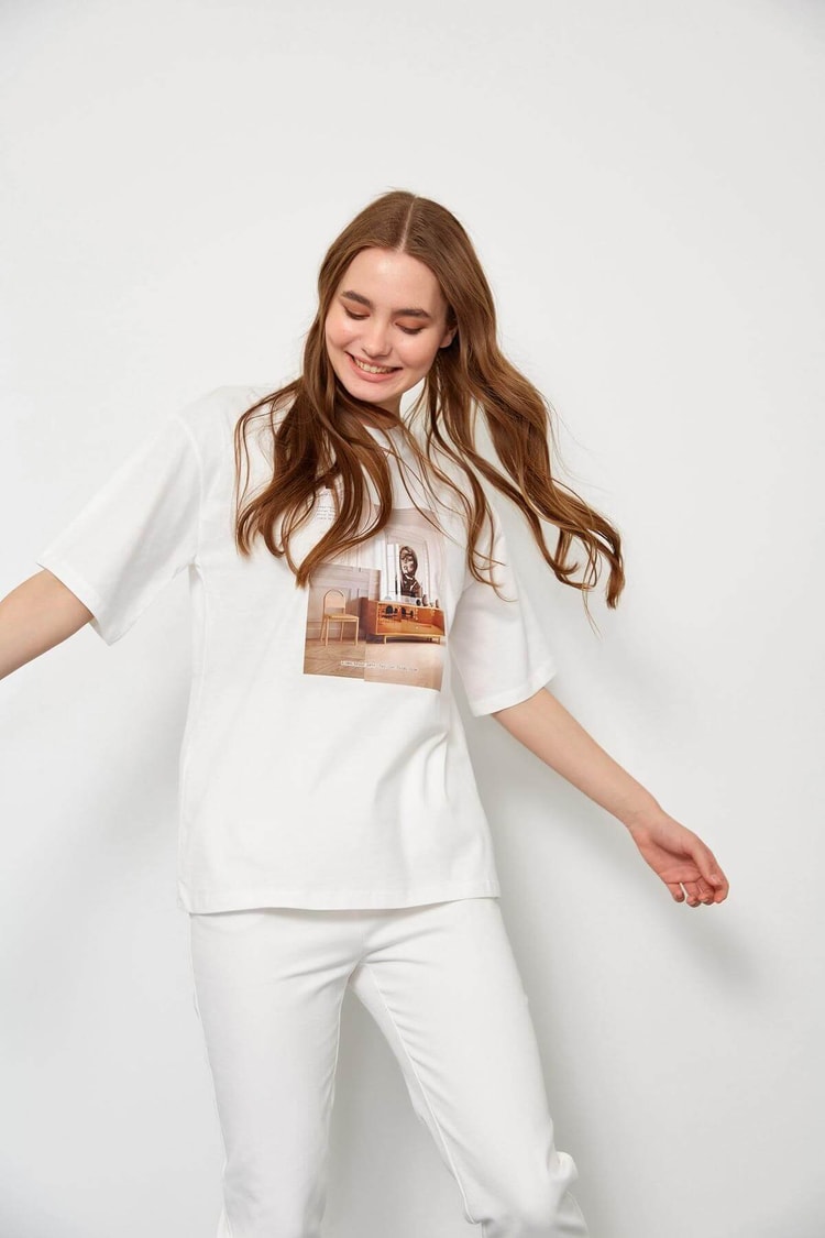Ekru Kısa Kol Baskılı T-ShirtST060S71236002