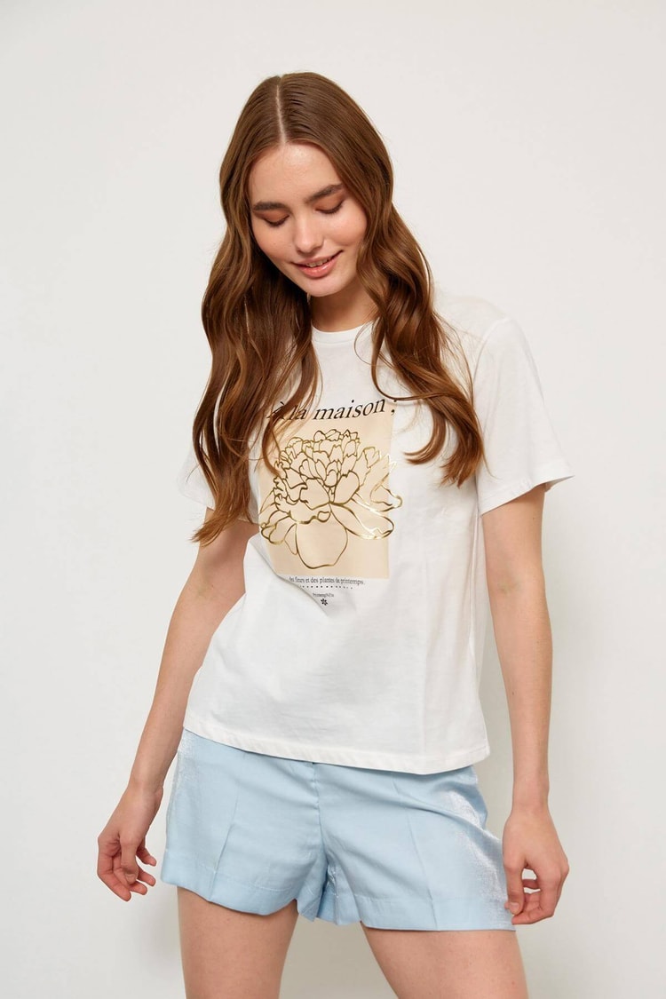 Ekru Kısa Kol Baskılı T-ShirtST060S71235001