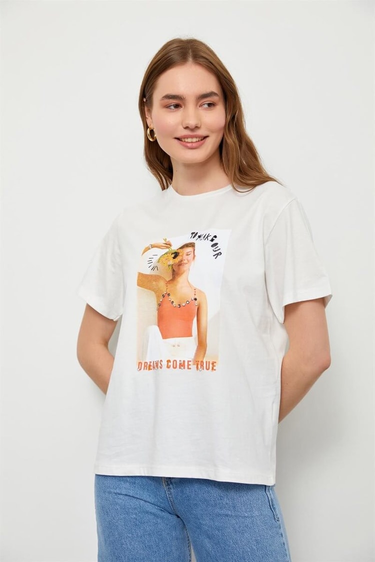 Ekru Kısa Kol Baskılı T-ShirtST060S71227001