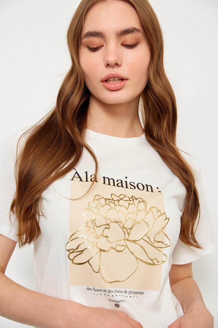 Ekru Kısa Kol Baskılı T-ShirtST060S71235001