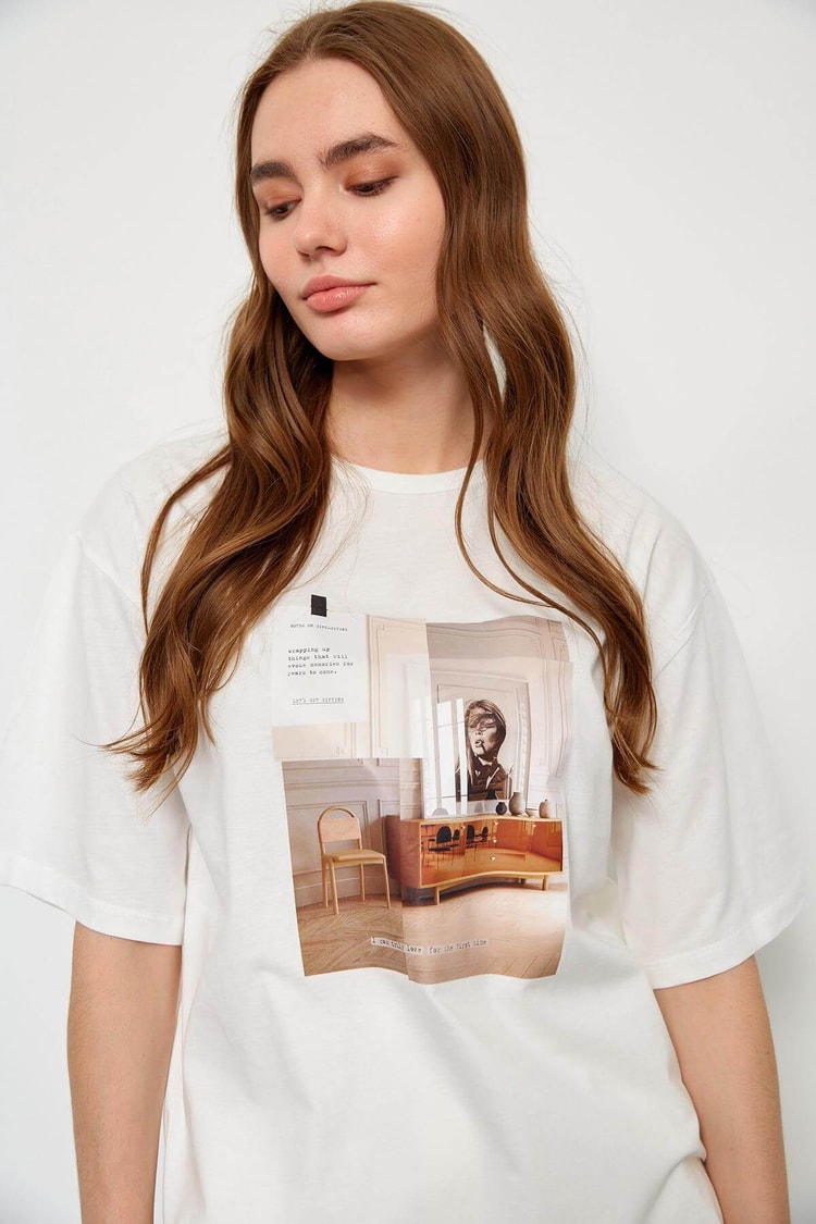 Ekru Kısa Kol Baskılı T-ShirtST060S71236002