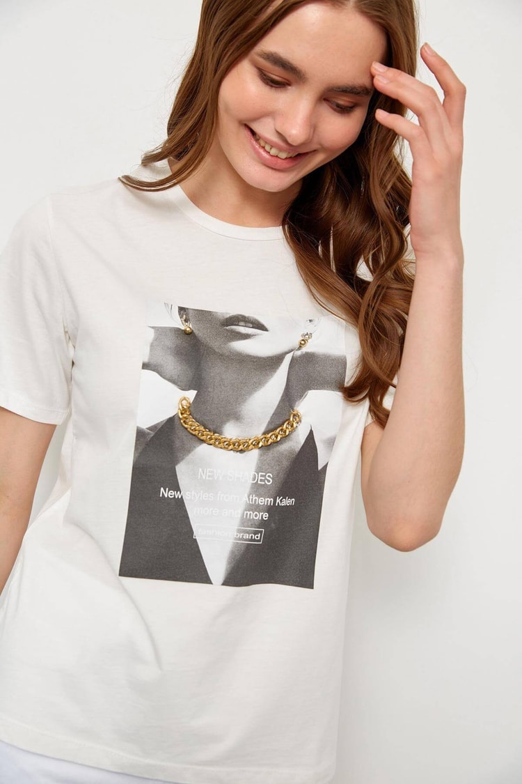 Ekru Kısa Kol Baskılı T-ShirtST060S71234001