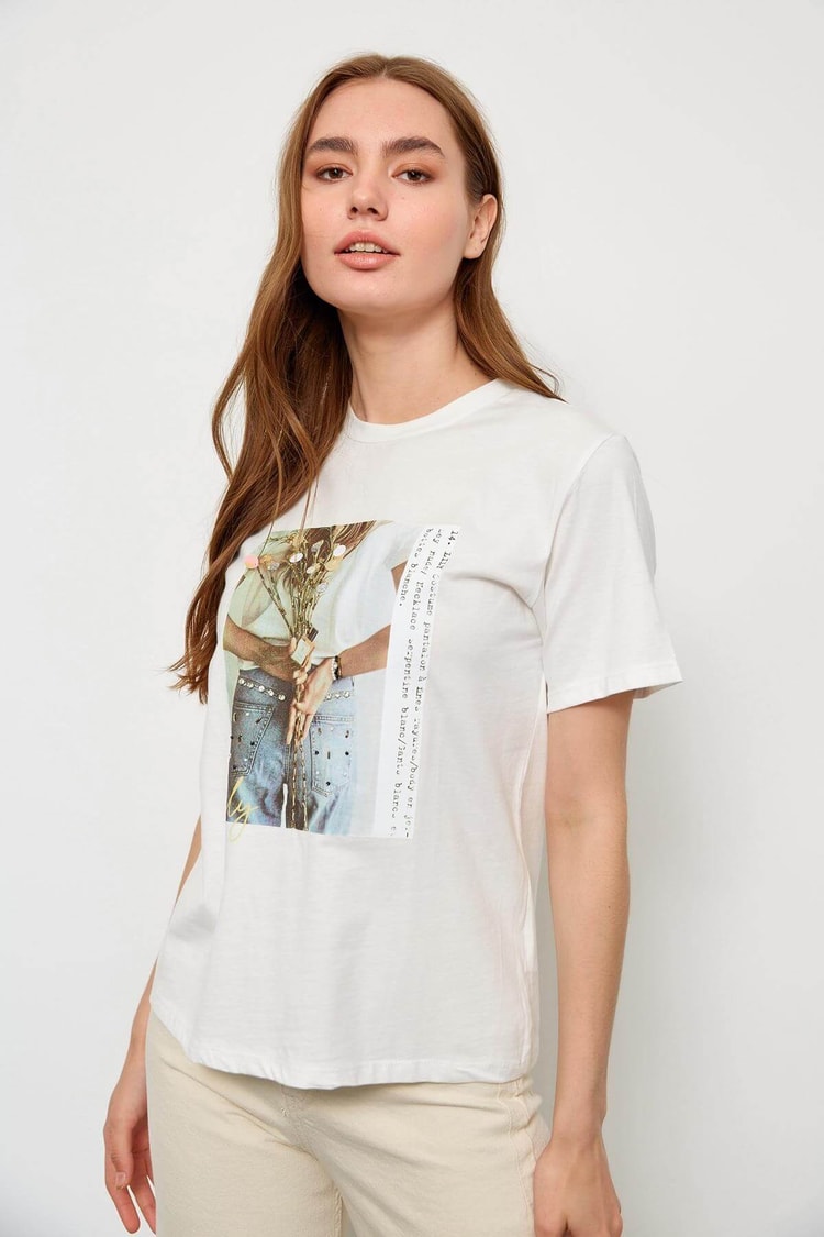 Ekru Kısa Kol Baskılı T-ShirtST060S71223003