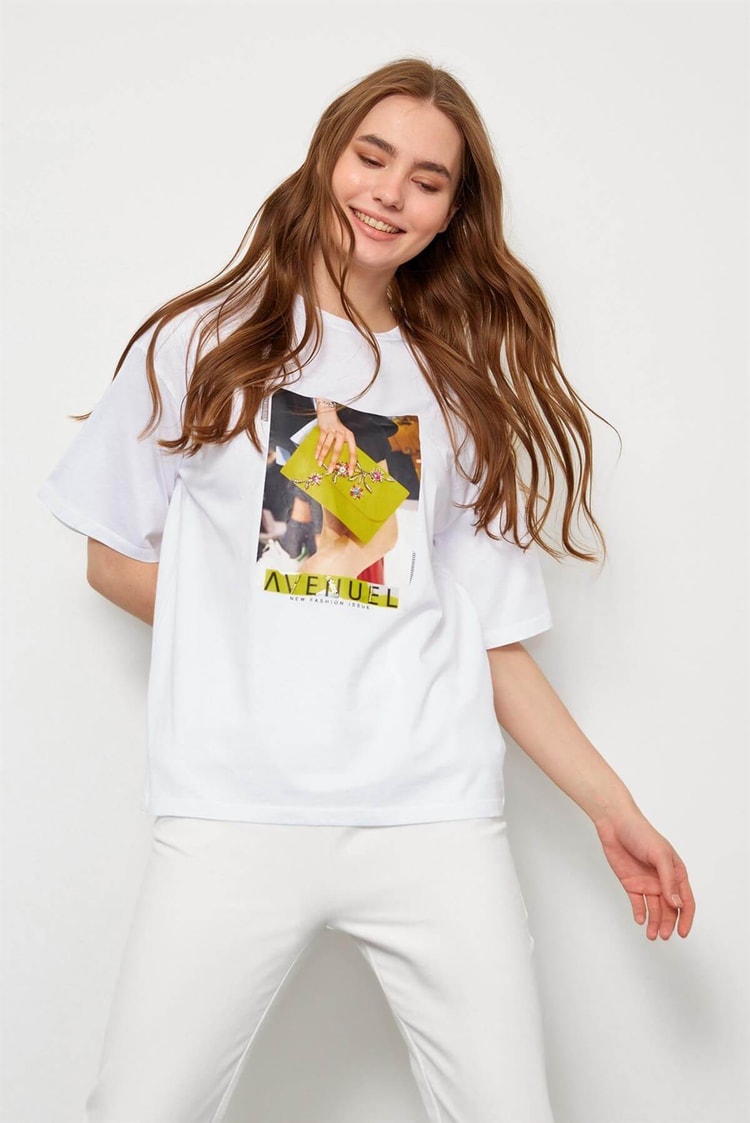 Ekru Kısa Kol Baskılı T-ShirtST060S71238001