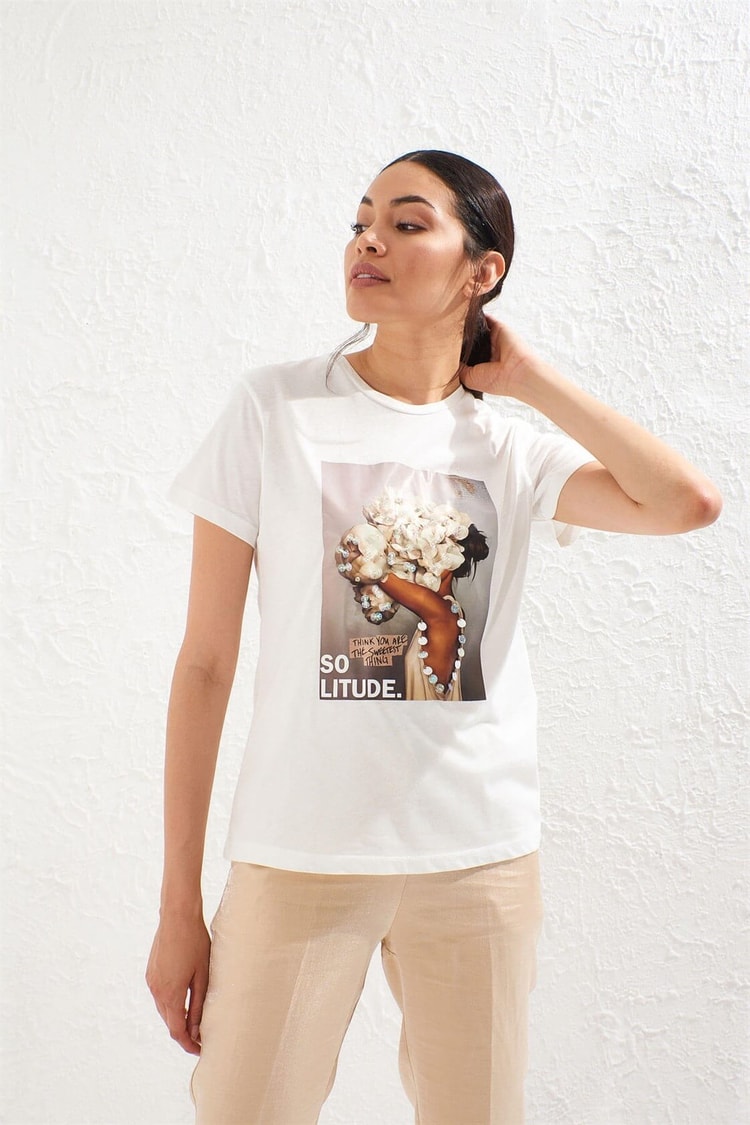 Ekru Kısa Kol Bisiklet Yaka Baskılı T-ShirtST050S7112803