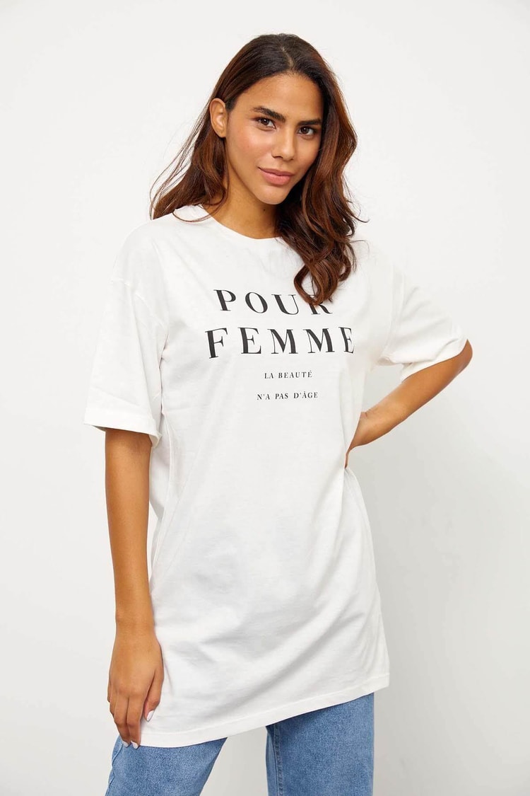 Ekru Kısa Kol Bisiklet Yaka T-ShirtST060S71243002