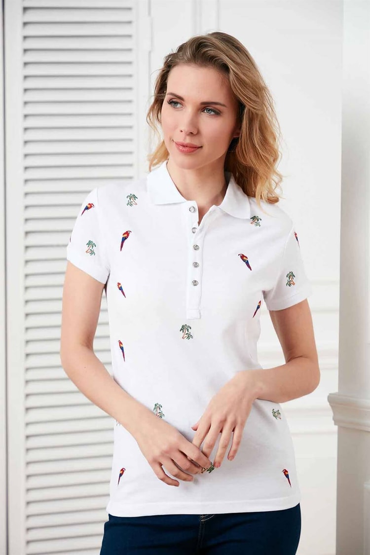Ekru Kol Nakışlı Polo Yaka T-ShirtST050S7110801
