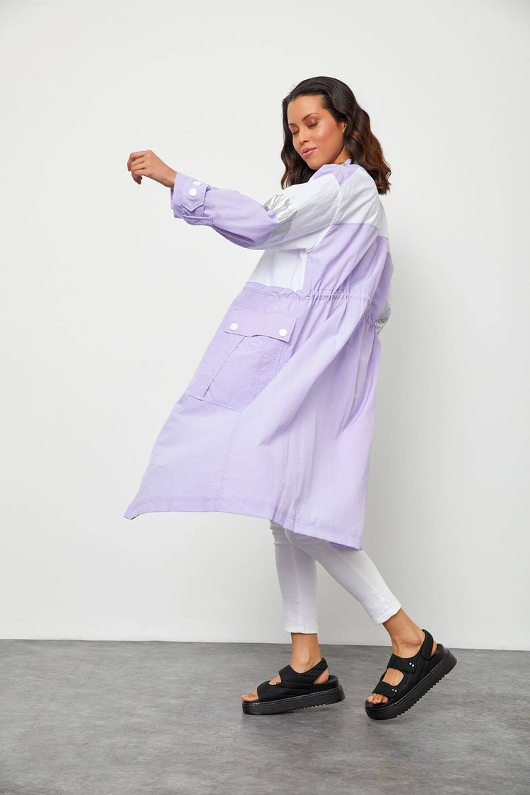 Ekru-Lila Color Block Fermuarlı TrençkotST060S99022001