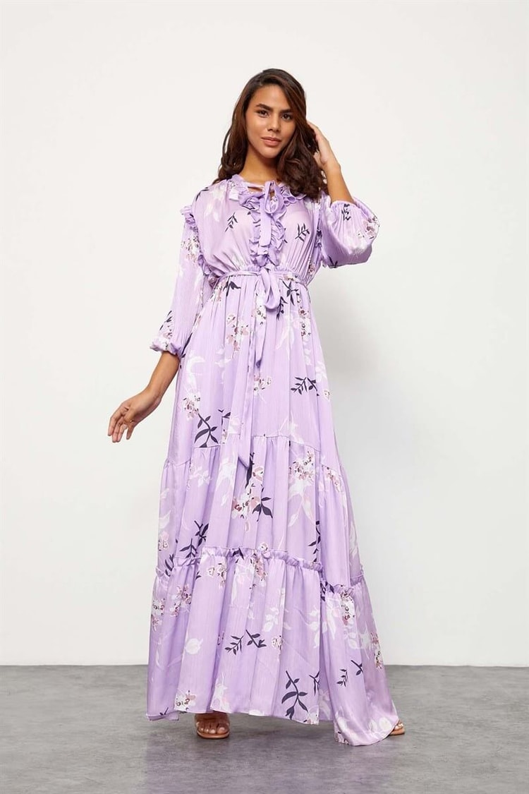Ekru-Lila Floral Desen Maxi ElbiseST050S40938001