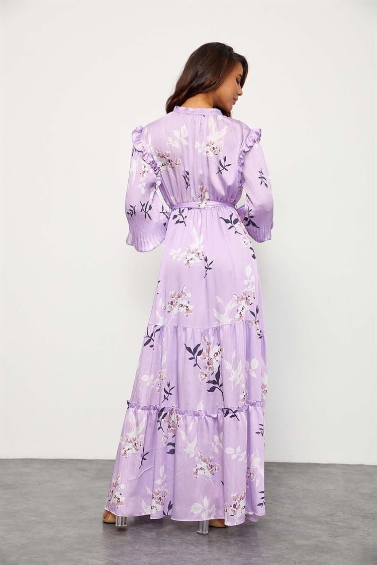 Ekru-Lila Floral Desen Maxi ElbiseST050S40938001