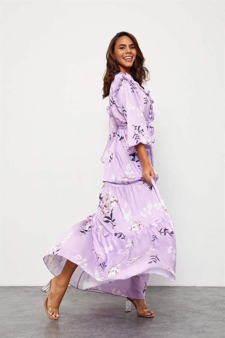 Ekru-Lila Floral Desen Maxi ElbiseST050S40938001