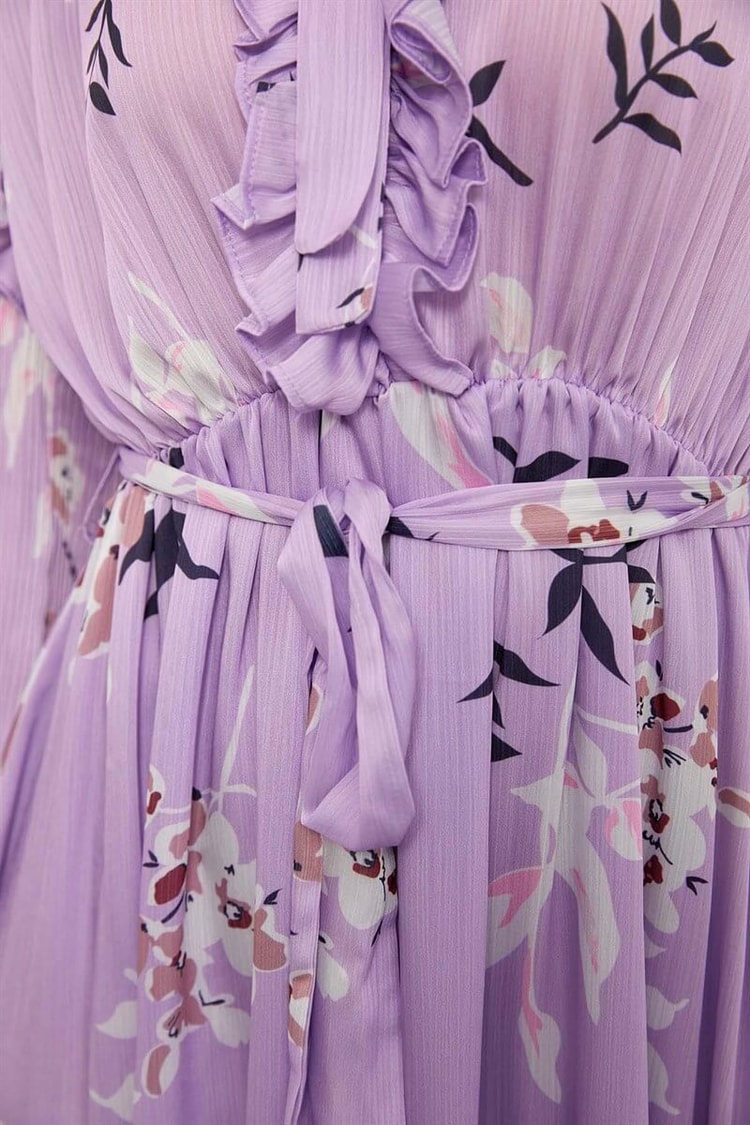 Ekru-Lila Floral Desen Maxi ElbiseST050S40938001