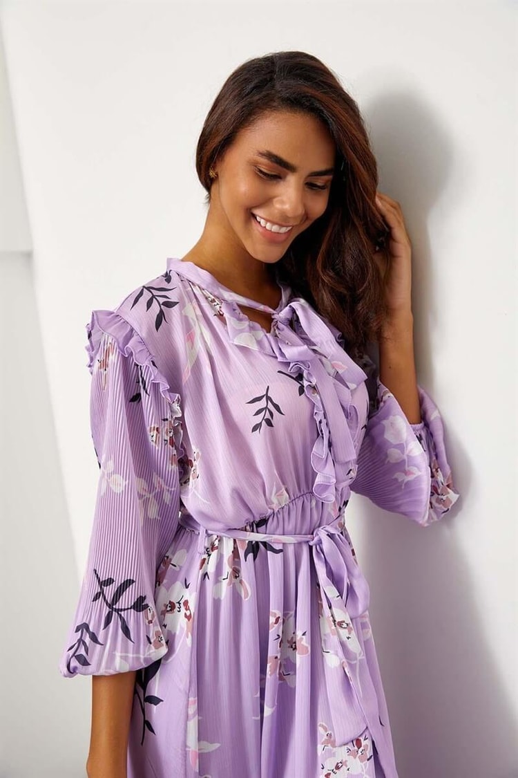 Ekru-Lila Floral Desen Maxi ElbiseST050S40938001