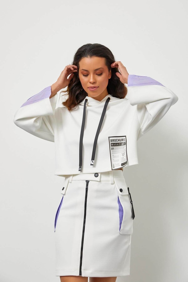 Ekru-Lila Kapüşonlu Crop SweatshirtST050S72101001