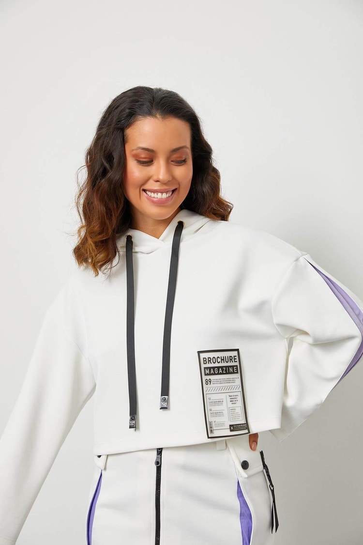 Ekru-Lila Kapüşonlu Crop SweatshirtST050S72101001