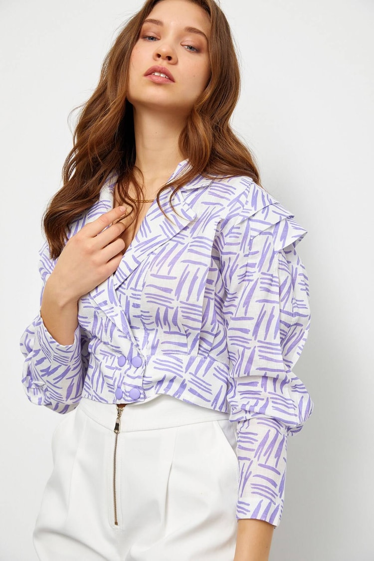 Ekru-Lila Keten Çıtçıtlı Crop GömlekST050S5516501