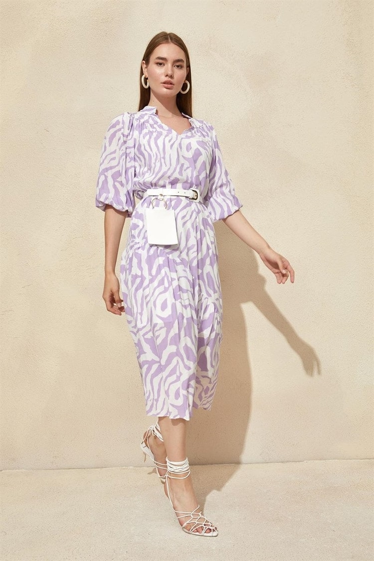 Ekru-Lila Modal Rayon Zebra Desenli Çanta Kemerli ElbiseST060S40107501