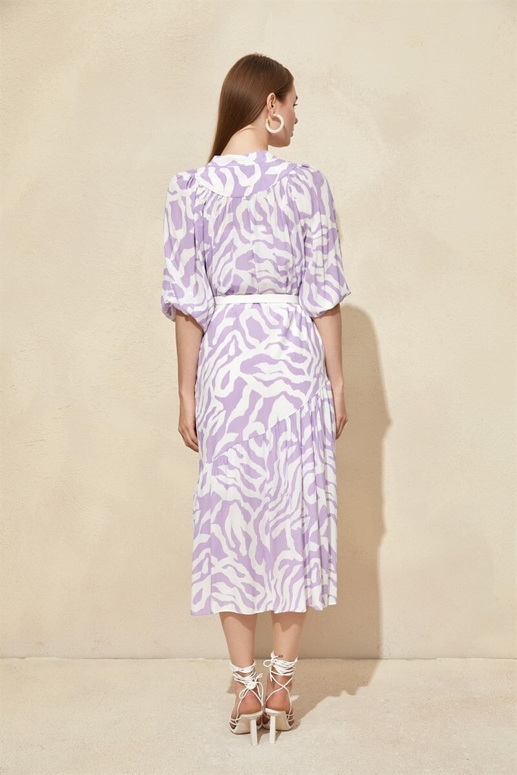 Ekru-Lila Modal Rayon Zebra Desenli Çanta Kemerli ElbiseST060S40107501