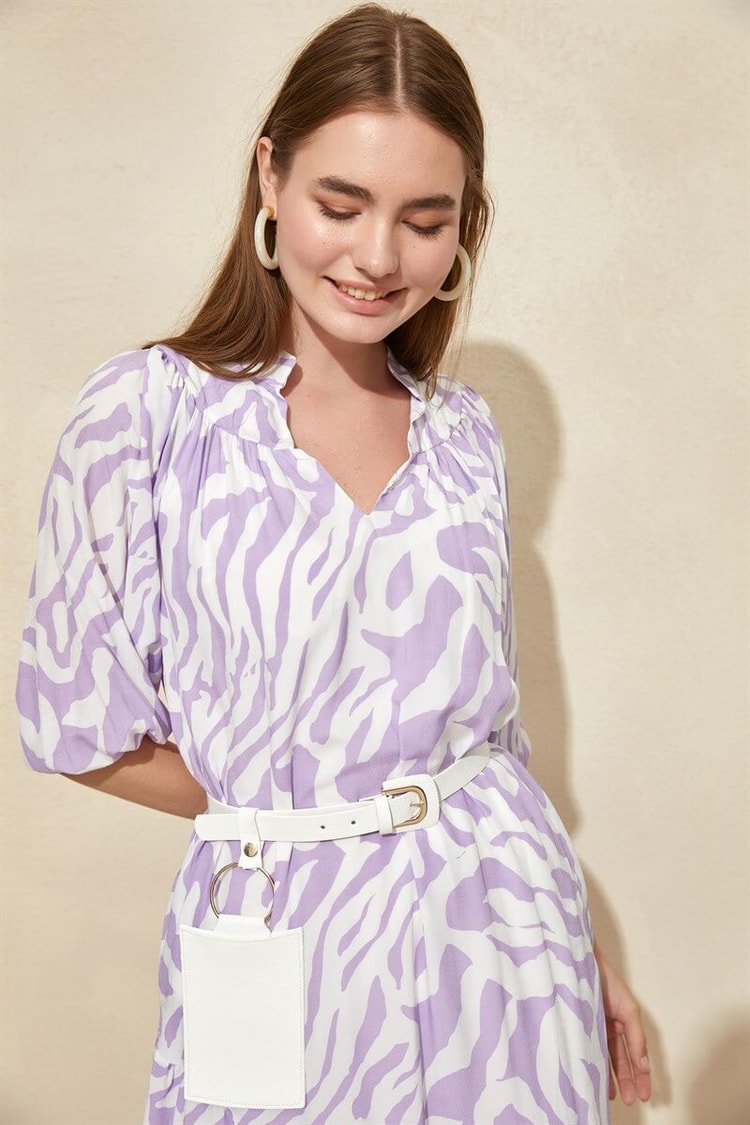 Ekru-Lila Modal Rayon Zebra Desenli Çanta Kemerli ElbiseST060S40107501