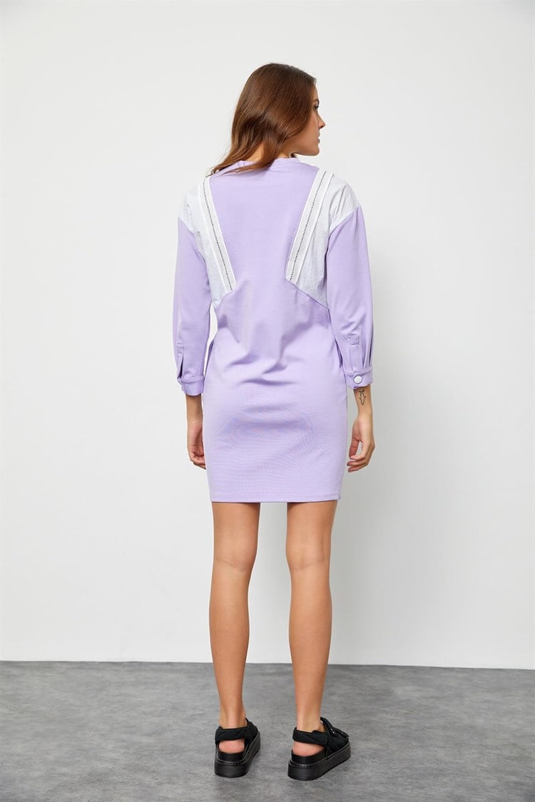 Ekru-Lila Rayon Color Block Rahat Kesim ElbiseST050S40105701