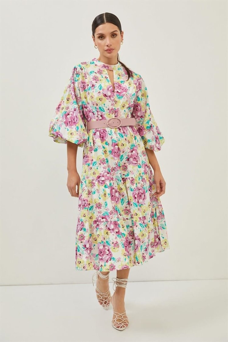 Ekru-Lila Şal Desenli Yakası Pencere Detaylı Belden Oturan Kısa ElbiseST070S40159601