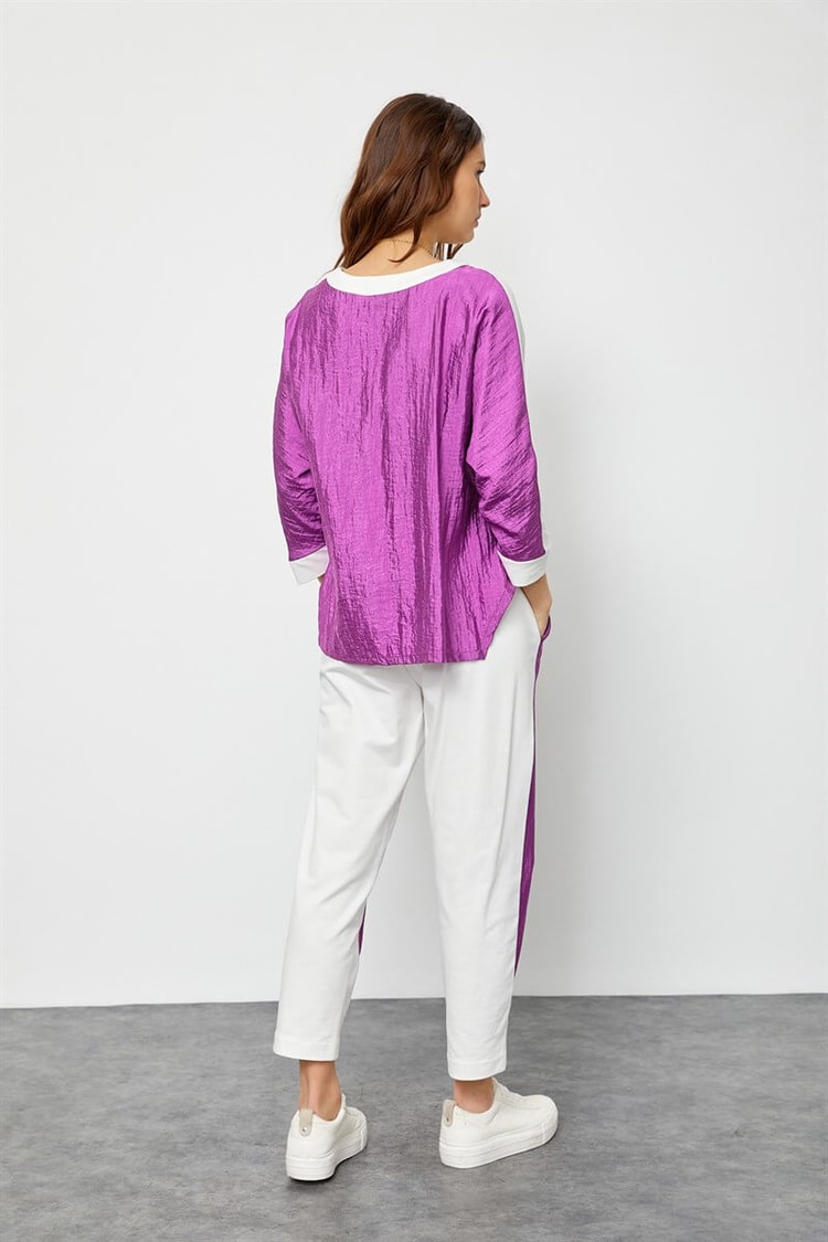Ekru-Mor Yüksek Bel Color Block Eşofman AltıST060S2034601