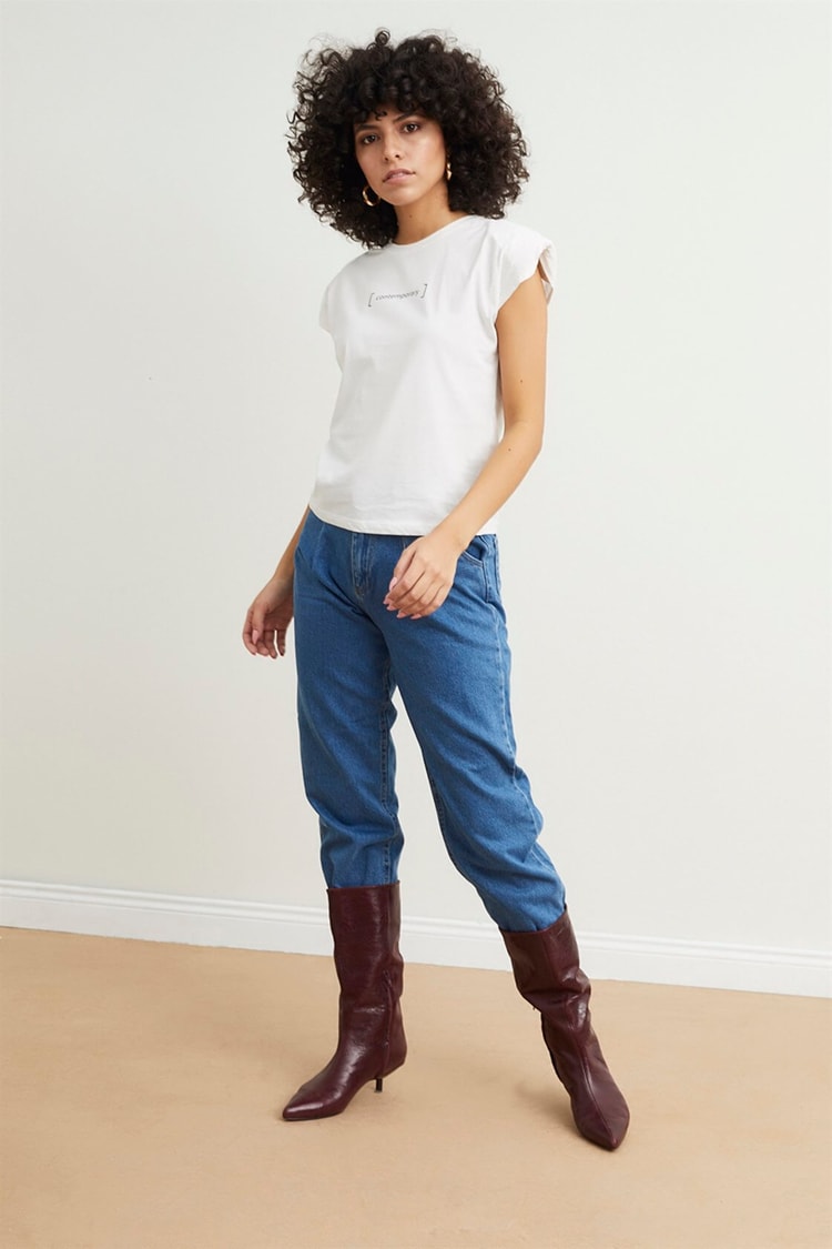 Ekru Omuzları Vatkalı Baskılı T-ShirtST050S7114501