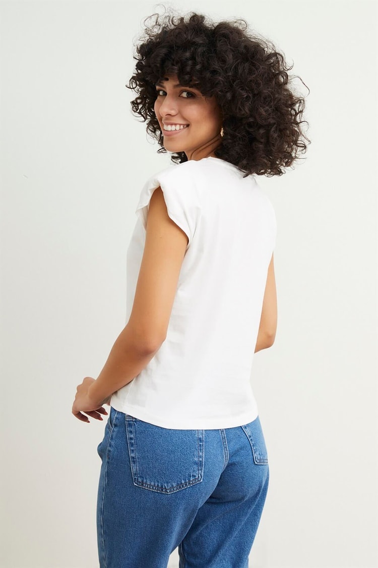 Ekru Omuzları Vatkalı Baskılı T-ShirtST050S7114501