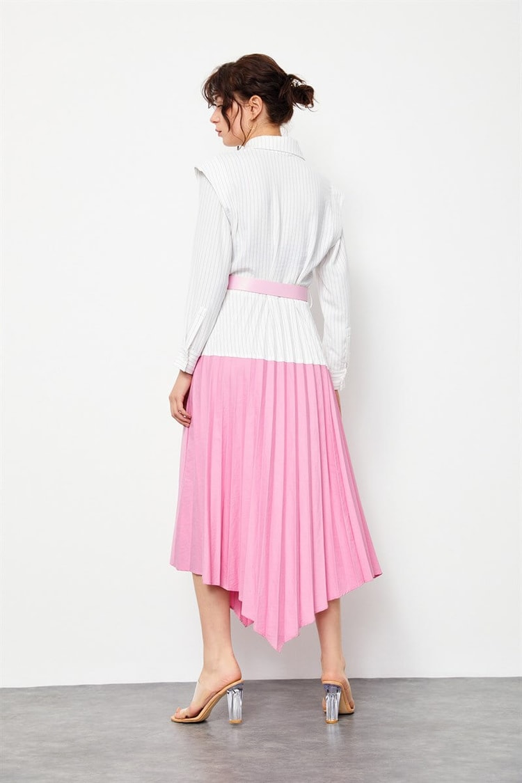 Ekru-Pembe Kemerli Asimetrik Pilise ElbiseST060S4096801