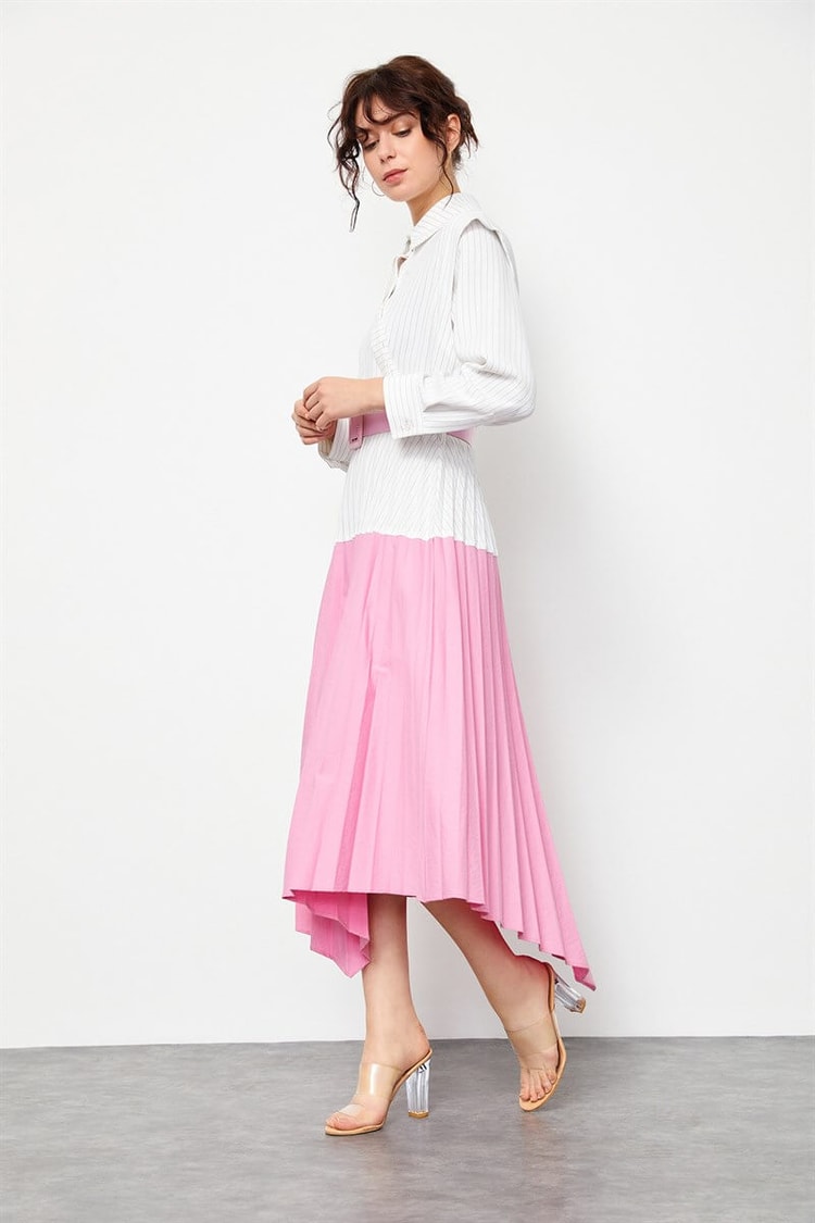 Ekru-Pembe Kemerli Asimetrik Pilise ElbiseST060S4096801