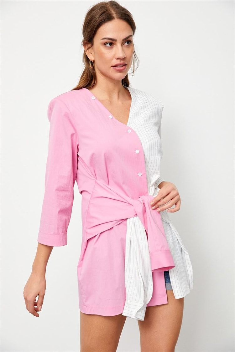 Ekru-Pembe V Yaka Beli Bağlamalı TunikST060S6509801