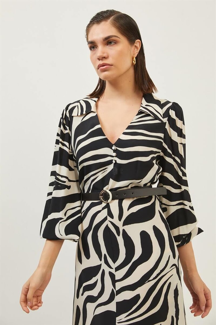 Ekru-Siyah Zebra Desen Kemer Detaylı Maxi ElbiseST060S40146601