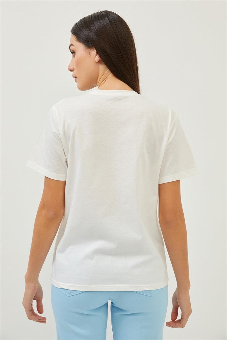 Ekru Slogan Baskı Detaylı Bisiklet Yaka T-ShirtST070S71288001