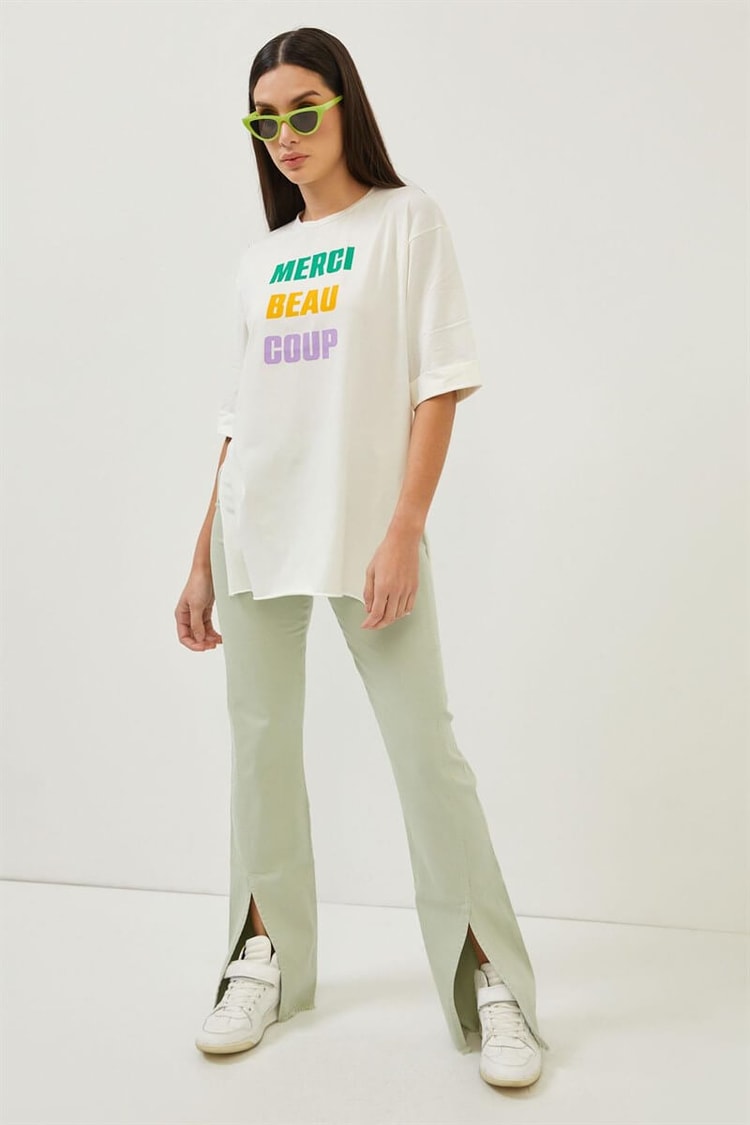Ekru Slogan Baskılı T-ShirtST060S71262001