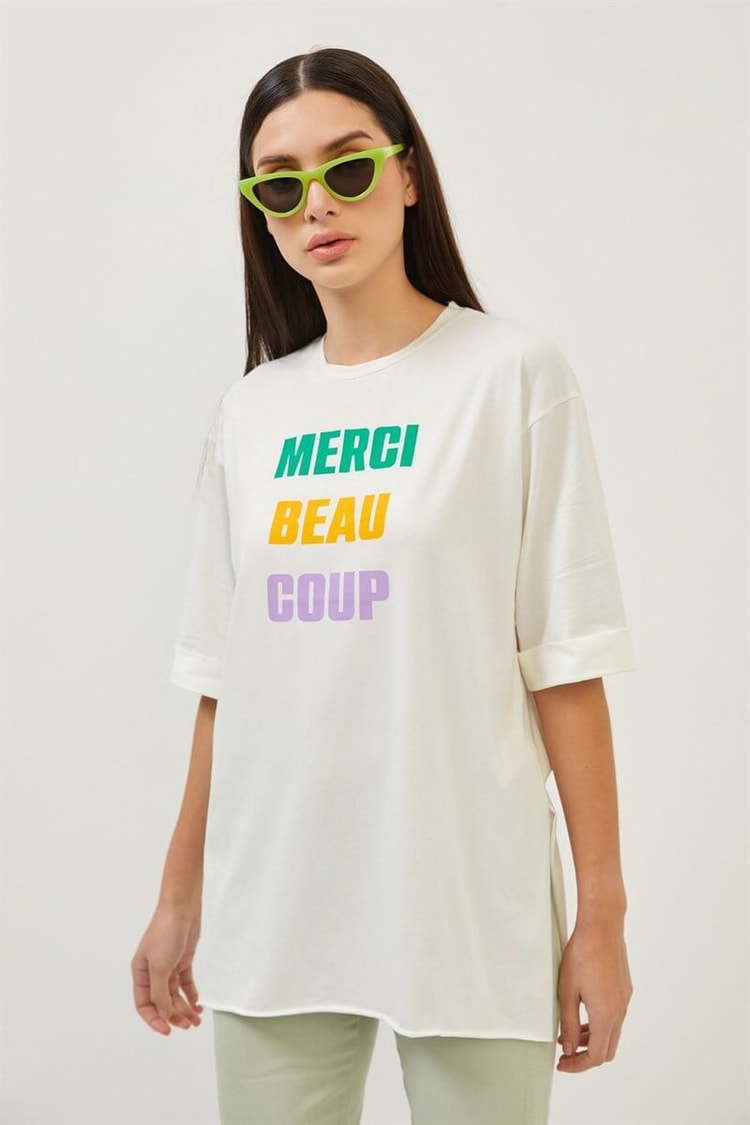 Ekru Slogan Baskılı T-ShirtST060S71262001