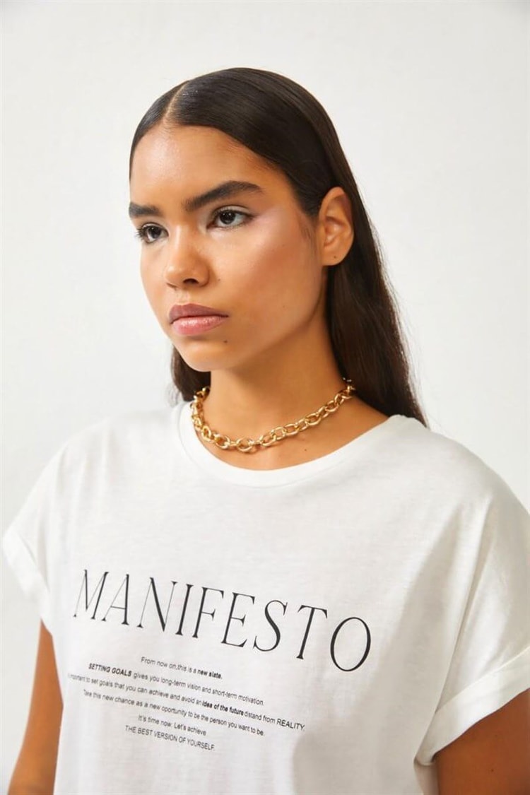 Ekru Slogan Baskılı T-ShirtST060S71275001