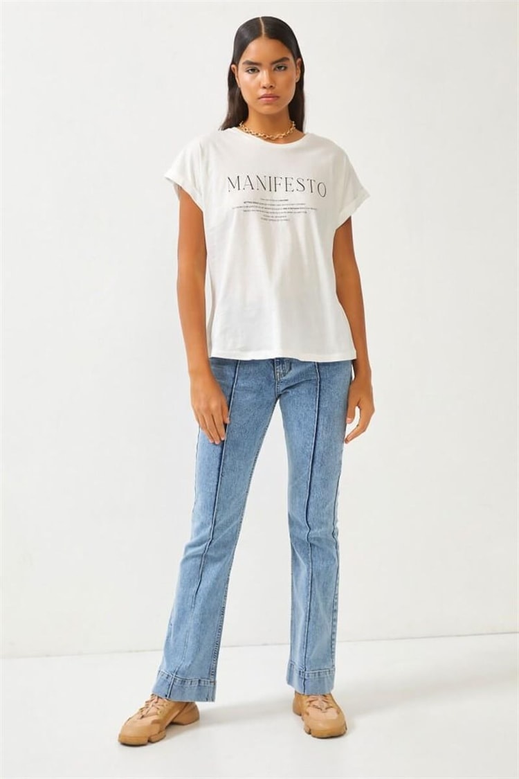 Ekru Slogan Baskılı T-ShirtST060S71275001
